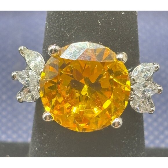Citrine Ring 14mm Cubic Zirconia & Accent Stones Silver-Tone Band Exquisite - Picture 1 of 12